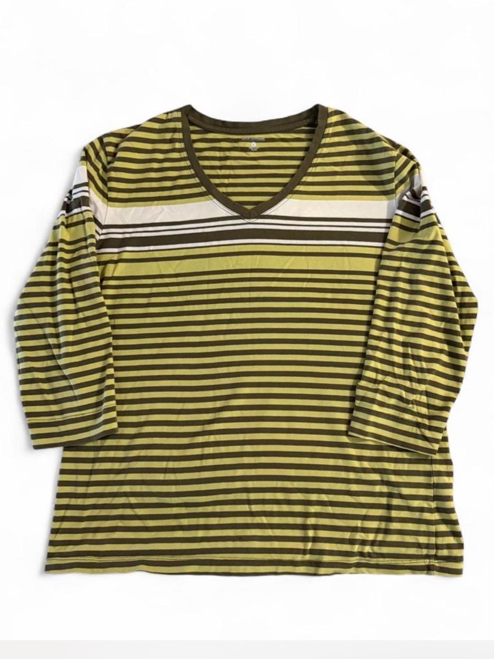 Green and White Striped V-Neck 3/4 Sleeve Tee